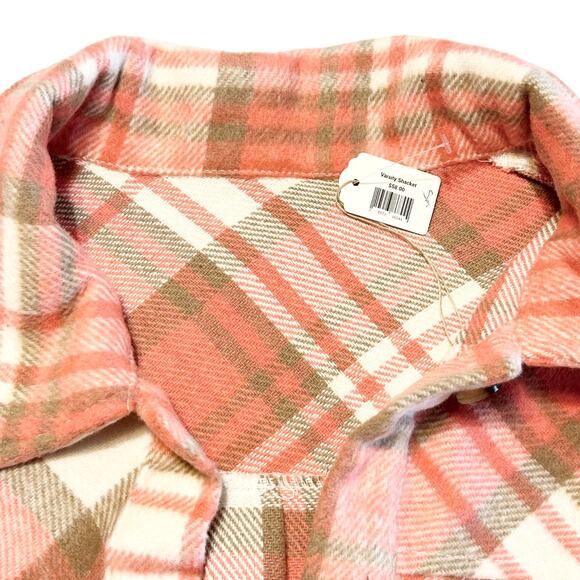 NWT Sherpa Sleeve Flannel Shacket Jacket Size S Orange White Plaid Western Boho - Picture 4 of 12